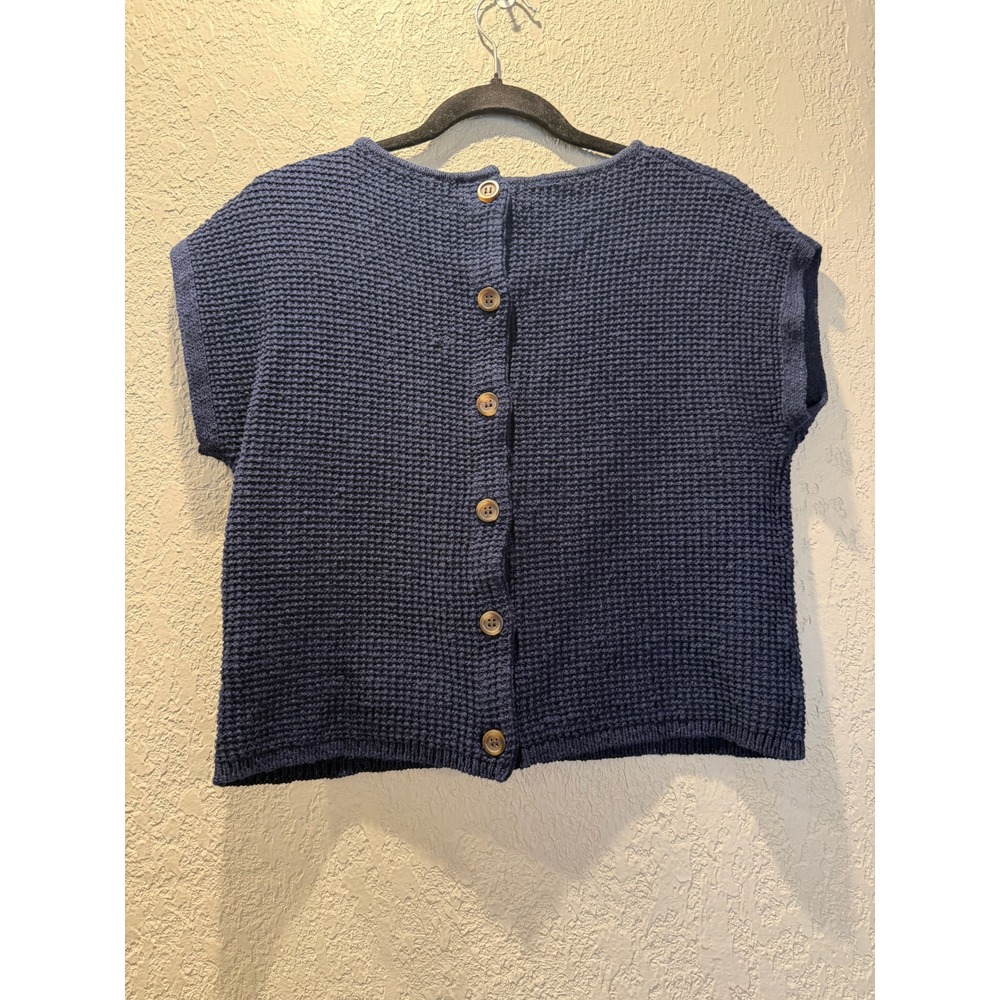 Madewell Navy Blue Waffle Knit Button Back Short Sleeve Sweater Top Size L - Picture 2 of 8